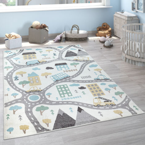 Paco Home Alfombra Infantil Color Pastel Niño Niña Coches Crema Petróleo Gris 133x190 cm