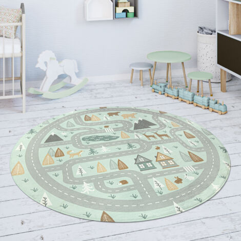 Paco Home Alfombra Habitación Infantil Juegos Bebé Carretera Oso Alce Árboles Verde Gris 150 cm Rund (de)