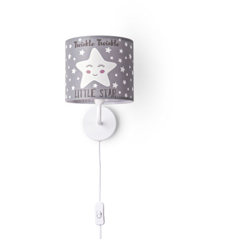 Paco Home Lámpara De Mesa Cuarto Infantil Pantalla De Tela Redonda Pared Luna Estrellas E14 Lámpara de pared - Blanco, Diseño 3 (Ø18 cm)