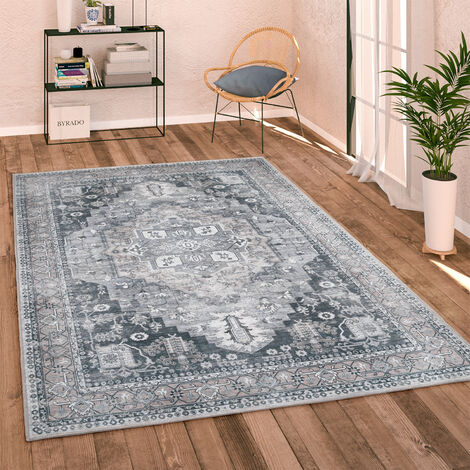 Paco Home Alfombra Salon De Habitacion Tejido Plano Vintage Oriental Ribete Se Puede Lavar Ø 160 cm redon, Gris 2