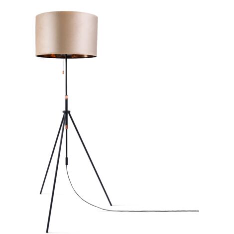 Paco Home Lámpara De Suspensión Lámpara De Pie Trípode Salón Pantalla Terciopelo Monocolor E27 Beige Cobre (Ø45.5 cm), Lámpara de pie Tipo 2 - Negro