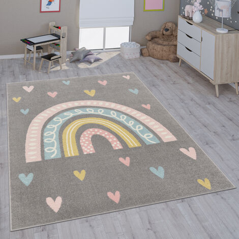 Paco Home Alfombra Infantil Cuadros Puntos Corazones Estrellas Pastel Verde  Gris Ø 120 cm redon