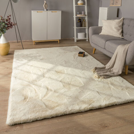 Paco Home Alfombra Salón Pelo Largo Shaggy Imitación Piel Conejo Piel Sintética Mullida Ø 120 cm redon, Crema