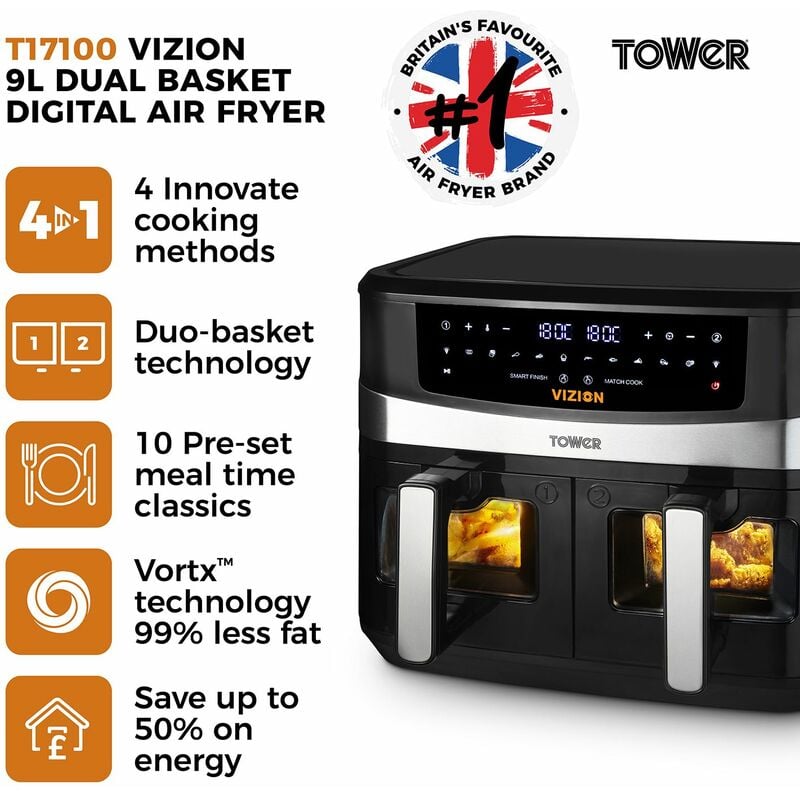 Tower, T17100, Vortx Vizion 9L Dual Basket Air Fryer with Digital control  panel & 10 One-touch Pre-sets, Black