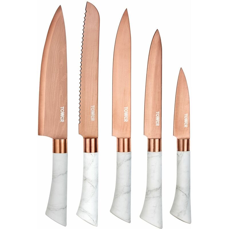 Tower T81534WR Kitchen Knife Set with Acrylic Knife Block, Stainless Steel with Soft Touch Handles, White Marble and Rose Gold, 5 Piece