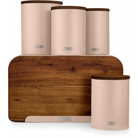 Tower T826140PCLY Scandi 5-Piece Acacia Wood Storage Set with Bread Bin, Cracker Barrel, Jars, Pink Clay