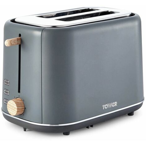Tower Scandi T20027G 2 Slice Toaster with Adjustable Browning Control, Grey with Wood Accents