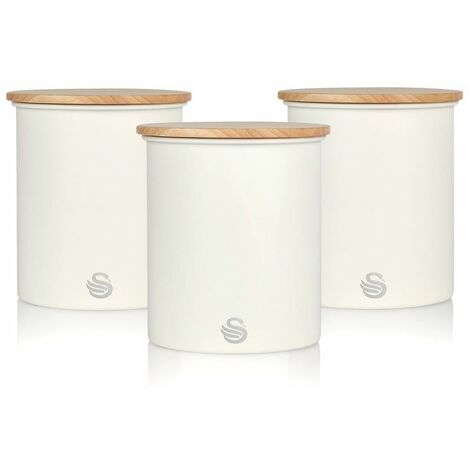 Swan 3 SWKA17513WHTN Nordic Scandi Set of 3 Storage, Tea, Coffee and Sugar Canisters, Cotton White, Steel, Bamboo Lid, One Size