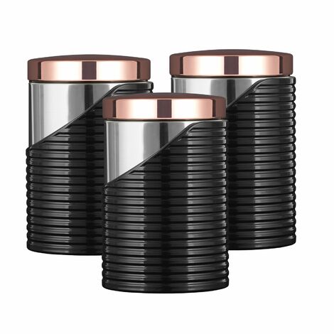 Tower T826001RB Linear Set of 3 Storage Canisters, Stainless Steel, Black and Rose Gold , 11.6 x 11.6 x 17 cm