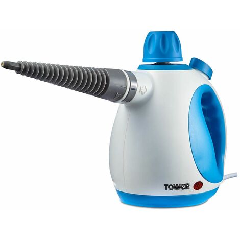 Tower THS10 Handheld Steam Cleaner, Includes Crevice Tool, Flexible Hose, 1050 W, Brush Tool, Microfiber Cloth, Blue, 250 ml Capacity