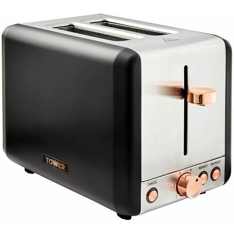 Tower T20036RG Cavaletto 2-Slice Toaster with Defrost/Reheat, Stainless Steel, 850W, Black and Rose Gold