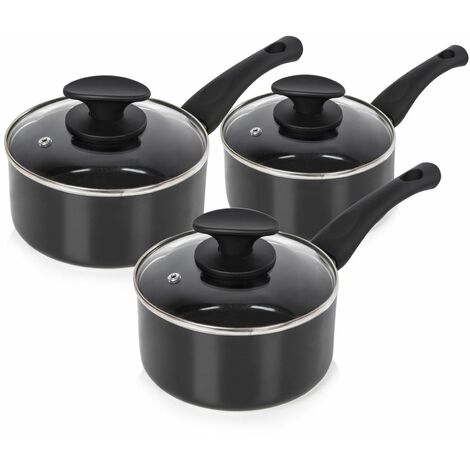 Tower T81507 Essentials Induction Pot Set, Non Stick Ceramic Coating, Easy to Clean, Dishwasher Safe, Black, 3 Piece, 16/18/20 cm