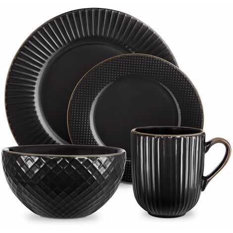 Tower T867002BLK Empire 16 Piece Dinnerware Set, Stoneware, Black and Brass