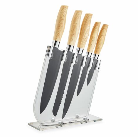 Tower Kitchen Knife Set with Acrylic Knife Block, Black and White Groove  Blades with Black Handles, 5-Piece