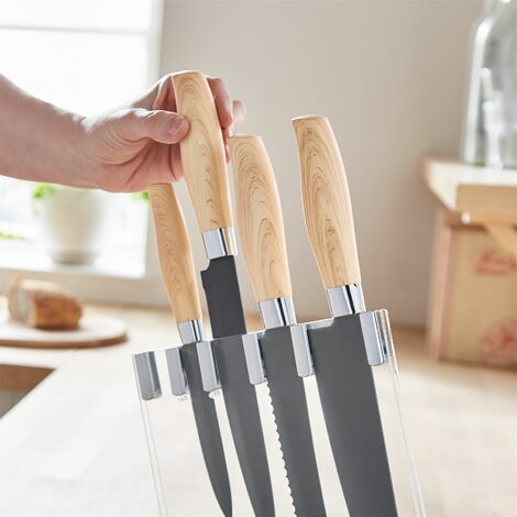 Tower T81534WR Kitchen Knife Set with Acrylic Knife Block, Stainless Steel with Soft Touch Handles, White Marble and Rose Gold, 5 Piece