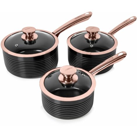 Tower T800001RB Linear Non Stick Induction Saucepans Sets With Lids, Easy Clean, Black and Rose Gold, 3 Piece Set, 16/18/20 cm