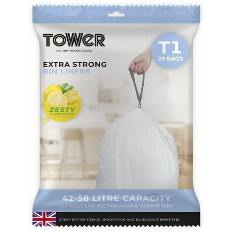 Tower T878000 Kitchen Bin Bag 42-58L Lemon Scented Heavy Duty Drawstring  Waste Bin Liners, 20 Pack, White, Compatible with most 42-58L bins