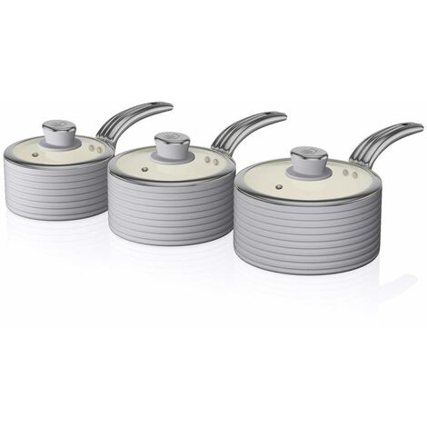 Swan SWPS3020GRN Retro Induction Saucepan Set With Glass Lids, Non Stick Ceramic Coating, Easy to Clean, Grey, 3 Piece, 16/18/20 cm (1/5)
