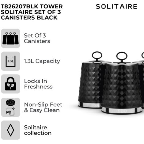 Tower Solitaire Set of 3 Canisters, Mirror Finished Steel Lid, Airtight, Black, Stainless Steel, T826207BLK (1/5)