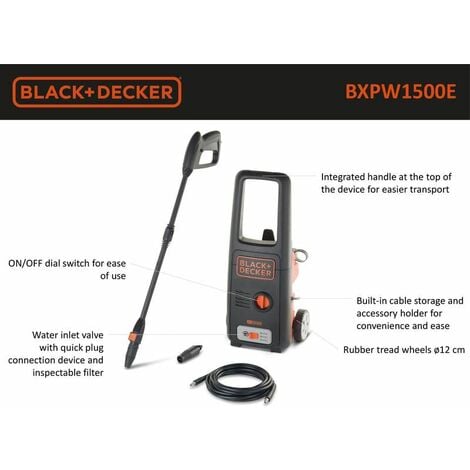 BLACK+DECKER BXPW1500E Pressure Washer, 120 Bar PSI, Rotary Nozzle, 0.4 L Foam Nozzle, Jet Nozzle, Extension Lance, 6 m Hose, 1500 W, Black & Orange