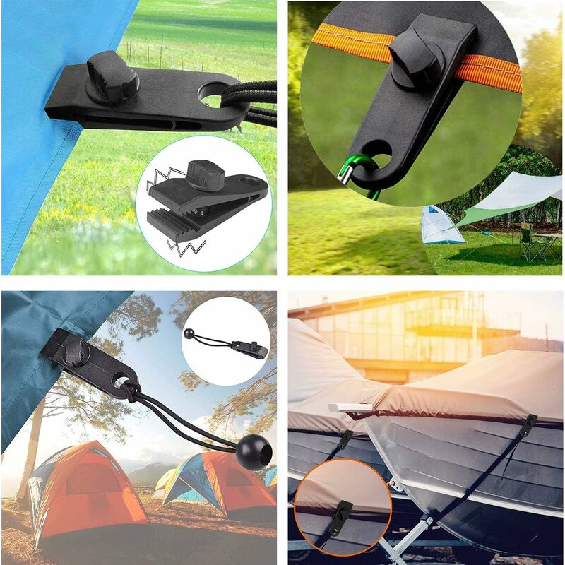 Mikihat 12 Ensembles de Kits de Clips de bâche, Clip de Verrouillage  Robuste, Clip de Tente avec élastique sphérique pour Camping Bâches  Caravane Toile d'Ombrage de Jardin Noir : : Sports et