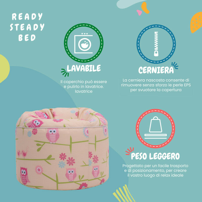 Ready Steady Bed Pouf per bambini per giocare e rilassarsi - Pouf a sacco  rotondo per bambini in morbido tessuto stampato - Pouf poltrona per bambini  da salotto - Gufi