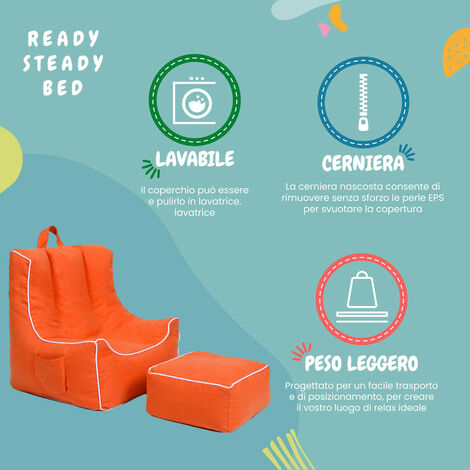 Ready Steady Bed poltrona pouf a sacco per bambini con poggiapiedi - Pouf  per bambini con maniglia per il trasporto - pouf a sacco per bambini per  sale giochi e salotti - Arancia
