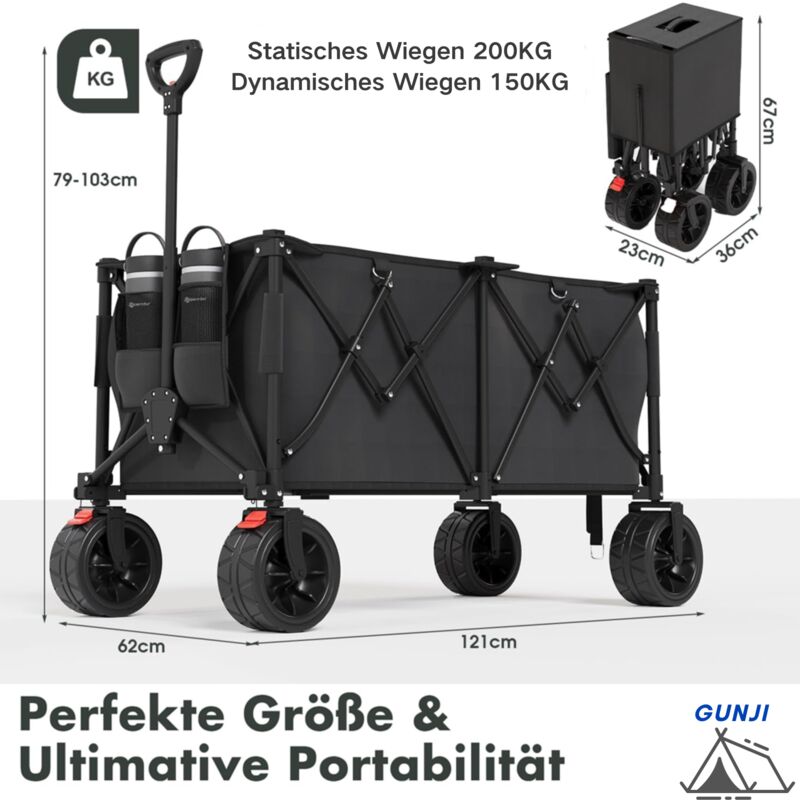 Chariot à Main Pliable XXL 90L 150kg - Roues Tout Terrain Avec Frein - Idéal Camping Plage Jardin Gris