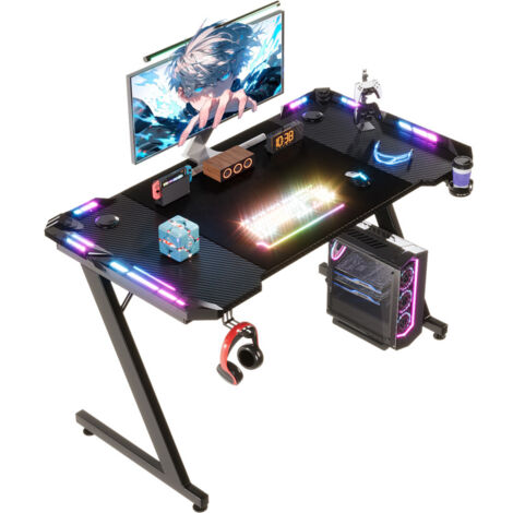 Devoko – Bureau gamer 120x60cm – Structure en Z en fibre de carbone – Charge 60kg – Lumières RVB avec télécommande – Accessoires inclus