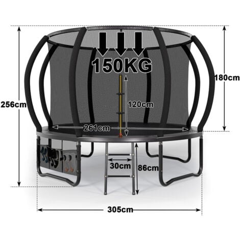 Trampoline Sport saut à l'élastique ceinture de sécurité filet de rangement extérieur jardin taille 305cm trampoline noir devoko