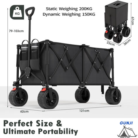 Chariot Pliable 200 Kg - Pneus Extra Larges 17x10 Cm Avec Freins - Capacité 230L - Pour Jardin, Plage, Camping - Avec Poches Et Filet
