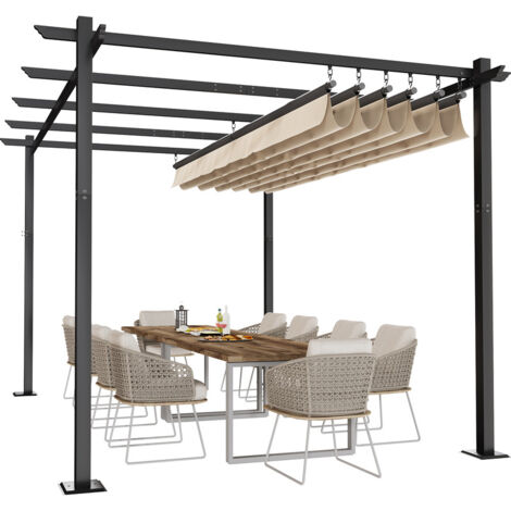 Devoko – Tonnelle pergola aluminium 3 x 4 m – Bâche coulissante rétractable beige – Résistance au vent 48 km/h – Tissu polyester hydrofuge