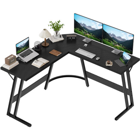 Devoko – Bureau d'angle en L 120cm – Panneau en fibre de carbone noir – Pieds en métal noir – Surface antidérapante et résistante aux rayures