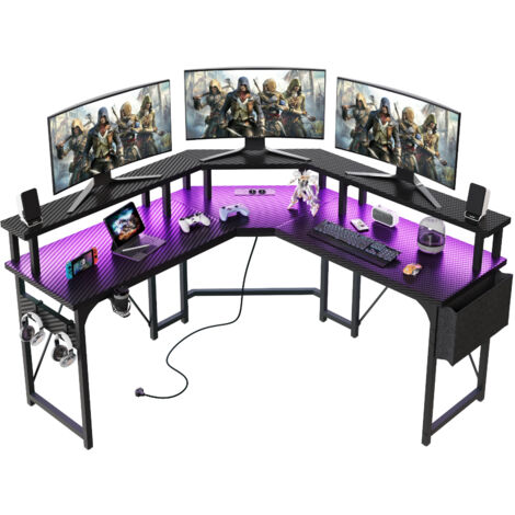 Devoko Bureau d'angle Table double couche avec éclairage réglable, grande table symétrique en forme de L, 104 cm × 2, fibre de carbone
