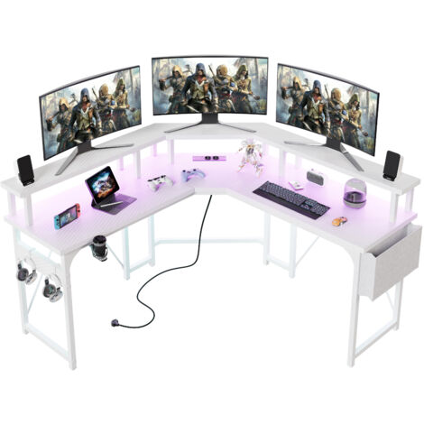 Devoko – Bureau d'angle en L avec prises USB – Éclairage LED télécommandé – Matériau stratifié imperméable et résistant – Support pour moniteur