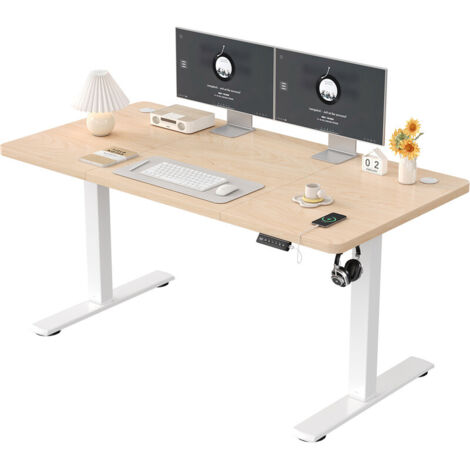 Bureau debout réglable en hauteur DEVOKO, table debout 140 x 60 cm, bureau avec planche d'épissure, cadre blanc crème/plateau beige