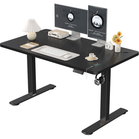 Bureau debout réglable en hauteur DEVOKO, table debout 120 x 60 cm, bureau avec planche d'épissure, cadre noir/plateau noir (1/5)