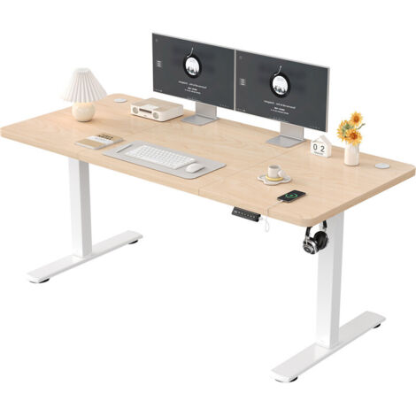 Bureau debout réglable en hauteur DEVOKO, table debout 160 x 60 cm, bureau avec planche d'épissure, cadre blanc crème/plateau beige