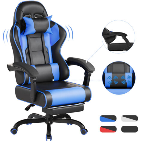 Fauteuil gaming DEVOKO - Fauteuil gaming ergonomique inclinable - Avec repose-pieds rétractable - Hauteur réglable - Appuie-tête, soutien lombaire, capacité de charge de 150 kg, bleu