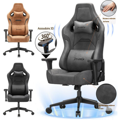 Devoko Chaise Gaming avec Design Ergonomique, Daim (Doux et Respirant), Appui-tête et Soutien Lombaire en Mousse Mémoire, Accoudoirs 3D, Dossier Réglable de 90° à 135°, Charge max 200 kg, Gris