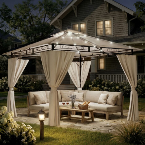 Devoko Tonnelle de Jardin 3x3m avec Lumière LED, Imperméable Deluxe Tonnelle, Tonnelle de Jardin Exterieur, Tonnelles à Cadre Métallique, Pergola Jardins Exterieur pour 4-6 Personnes, Beige