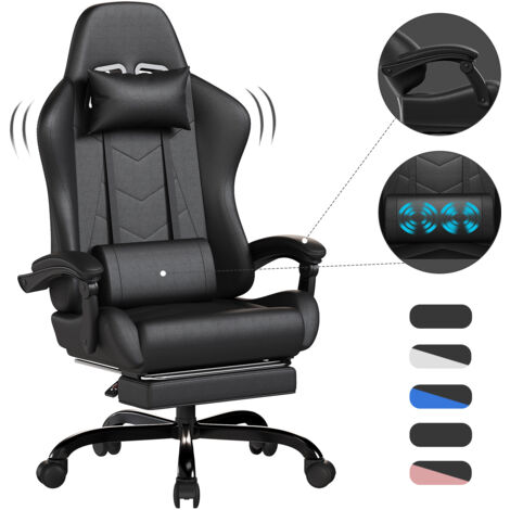 Devoko Chaise Gaming Ergonomique avec Massage Lombaire, Siège Gamer Inclinable 135°, Repose-Pieds, Appui-Tête Réglable, Fauteuil Gaming Adulte en Similicuir, Chaise Bureau Gaming Confortable, Noir