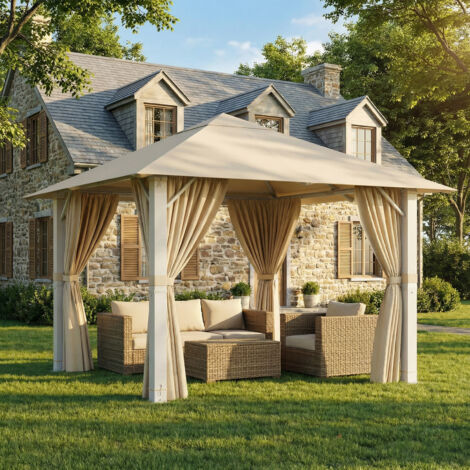 Tonnelle de Jardin en Aluminium 3x3m  8 Poteaux de Toit + Entretoises Triangulaires (Stabilité +50%)  Imperméable, Résistante au Froid & Anti-UV 50+,Beige