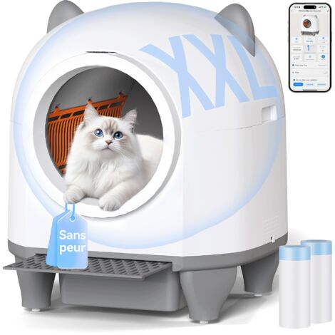 Devoko – Litière autonettoyante pour chat 90L – Bac XXL avec capteurs de sécurité 9-en-1 – Contrôle via application – Poubelle 8L et désodorisant solide