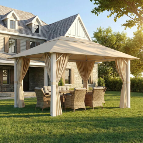 Tonnelle de Jardin en Aluminium 3x4m  10 Poteaux de Toit + Entretoises Triangulaires (Stabilité +50%)  Imperméable, Résistante au Froid & Anti-UV 50+,Beige