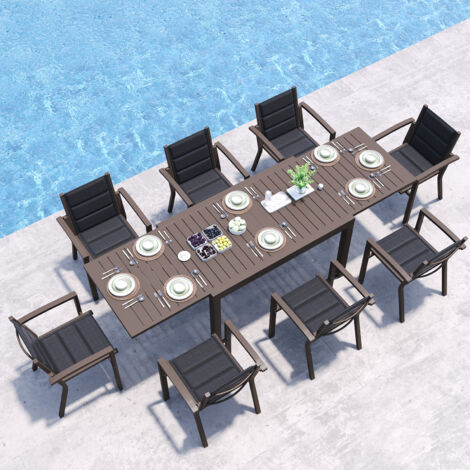 Table de Jardin Extensible en Aluminium 200kg Fermé / 150kg Ouvert 6-10 Personnes, Stable & Résistante, Marron