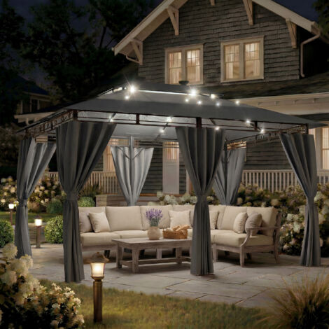 Devoko Tonnelle de Jardin 3x4m avec Lumière LED, Imperméable Deluxe Tonnelle, Tonnelle de Jardin Exterieur, Tonnelles à Cadre Métallique, Pergola Jardins Exterieur pour 6-8 Personnes, Gris