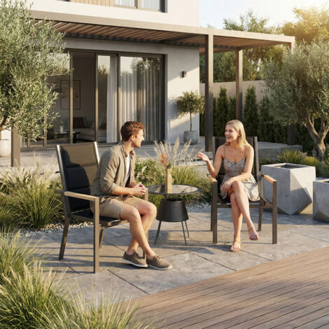 Chaises de Jardin - Lot de 2 Empilables en Aluminium, Dossier Haut avec Accoudoirs Imitation Bois, Tissu Tessilium Confortable, Marron (1/5)