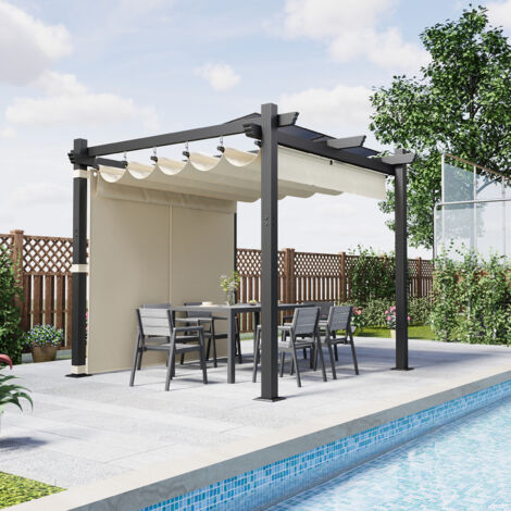 Pergola de Jardin 3x3m avec Toit Ouvrant Réglable à Fermeture Magnétique  Châssis en Aluminium avec une Paroi Latérale  Toit en Polycarbonate 100% Étanche, Beige