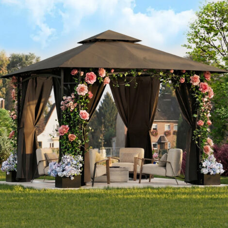 Devoko – Tonnelle de jardin 3.3x3.3m en acier traité anti-corrosion – 4 parois latérales – Jardinières intégrées – Résistante aux intempéries (1/5)